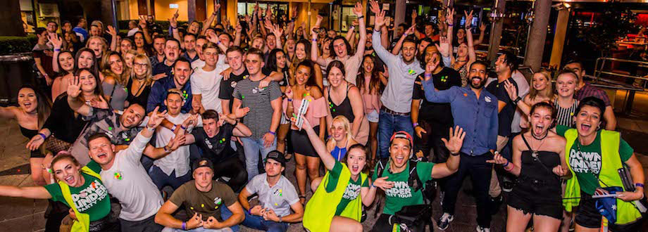 Party tour group in Surfers Paradise nightlife prescient with Down Under pub crawl guides
